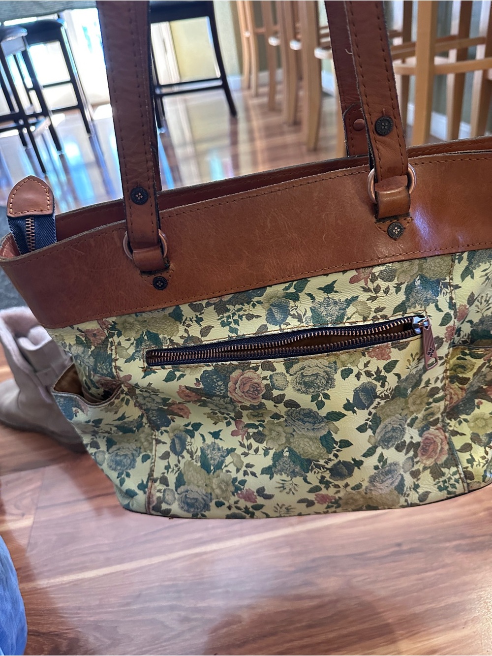 Patricia Nash Green Floral Canvas Tote with Brown Trim - Picture 2 of 4